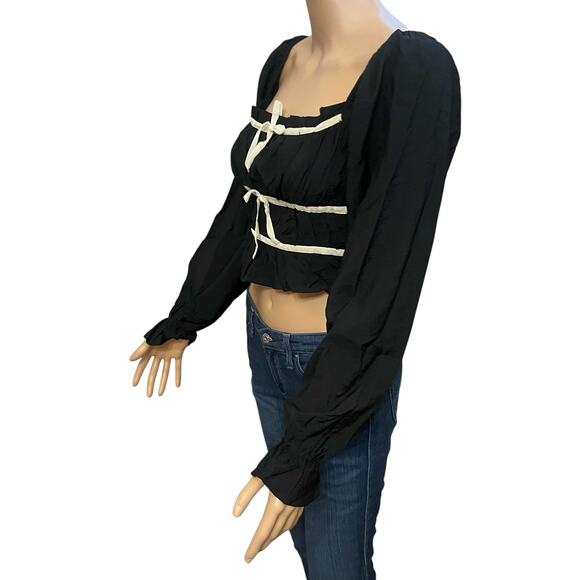 Thirty Thirty LA Bow Crop Top Medium Ruched Balloon Sleeve Dark Coquette Lolita - Picture 3 of 8